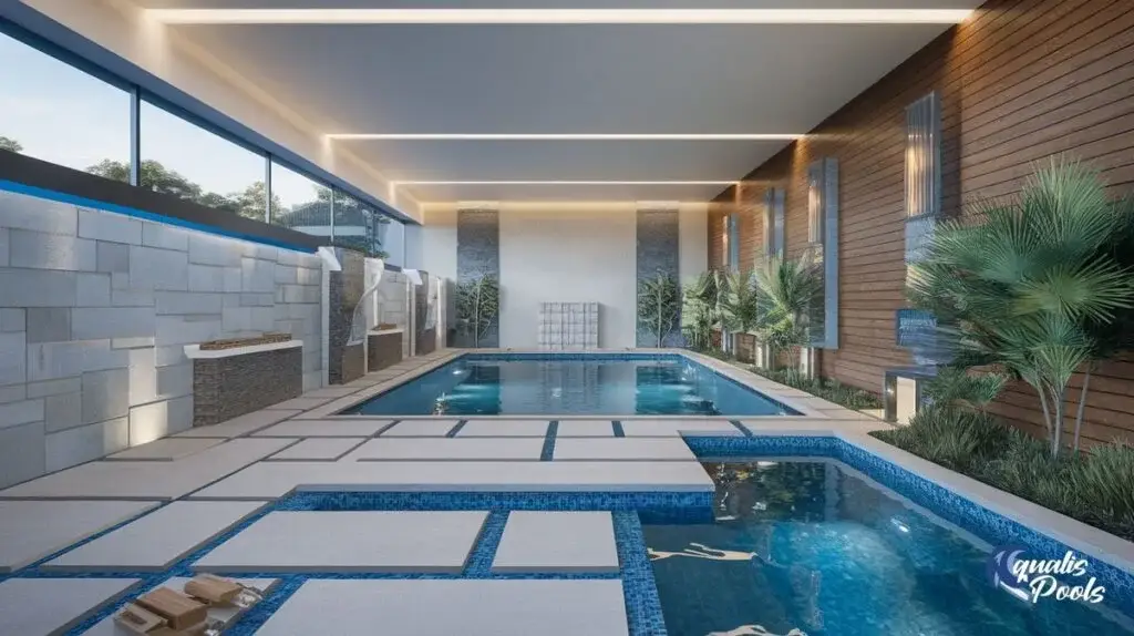 Indoor pool enclosed by full height glass walls