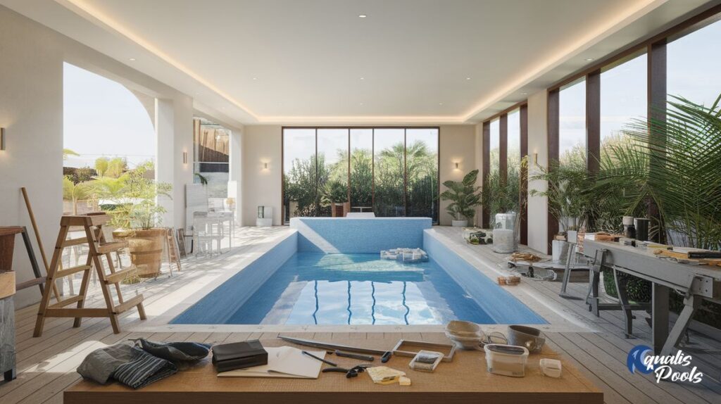 Indoor pool under construction with materials stacked on the deck