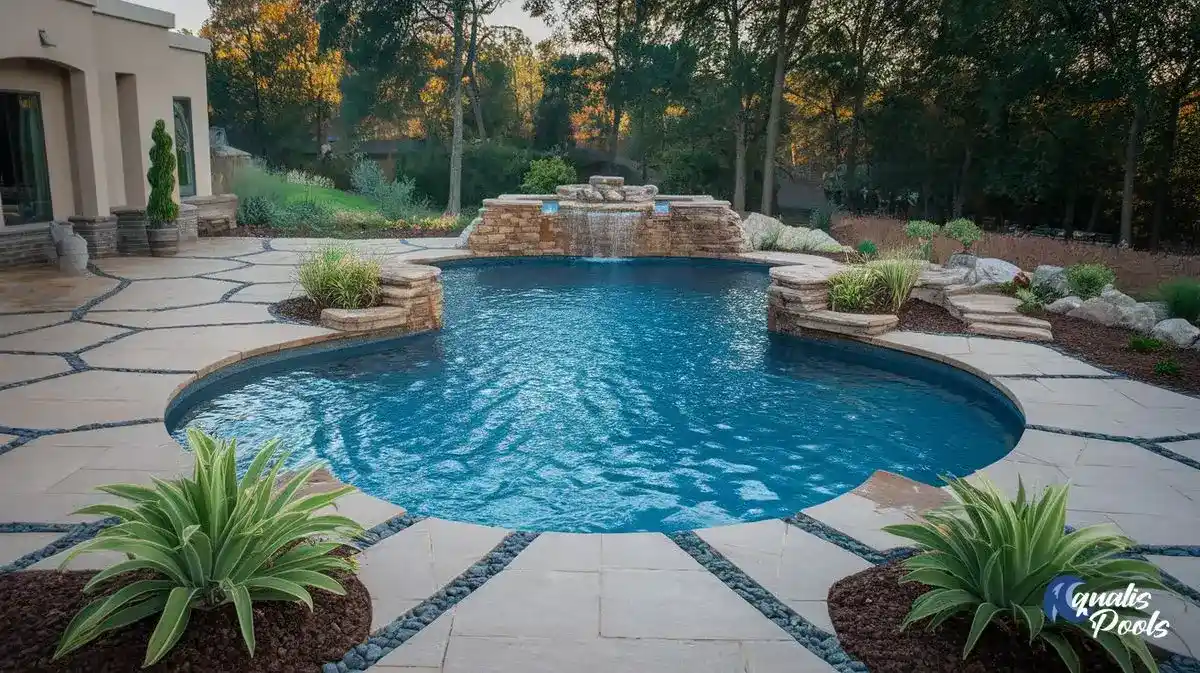 Freeform custom pool with a stone waterfall feature framed by paver decking and desert planting