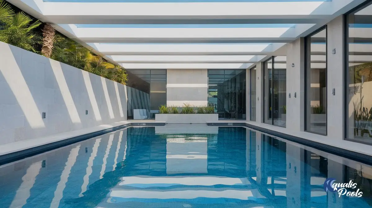 Modern luxury swimming pool with geometric white pergola and glass walls, reflecting in clear blue water. Palm trees and minimalist landscaping. Qualis Pools logo in corner.