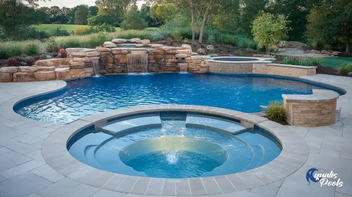 Custom pool with a natural stone waterfall wall and a round raised spa with tile trim