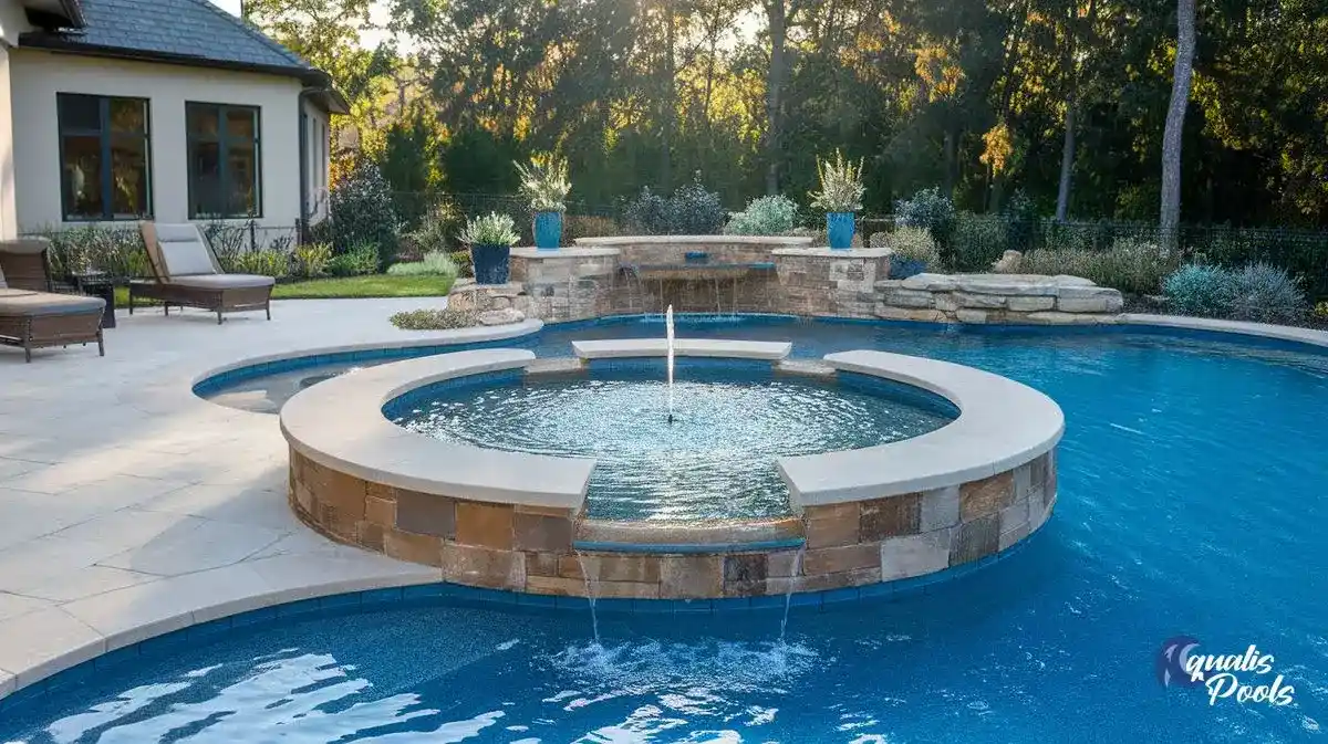 Round raised spa with a stone spillway and a bubbling water feature set into a blue custom pool