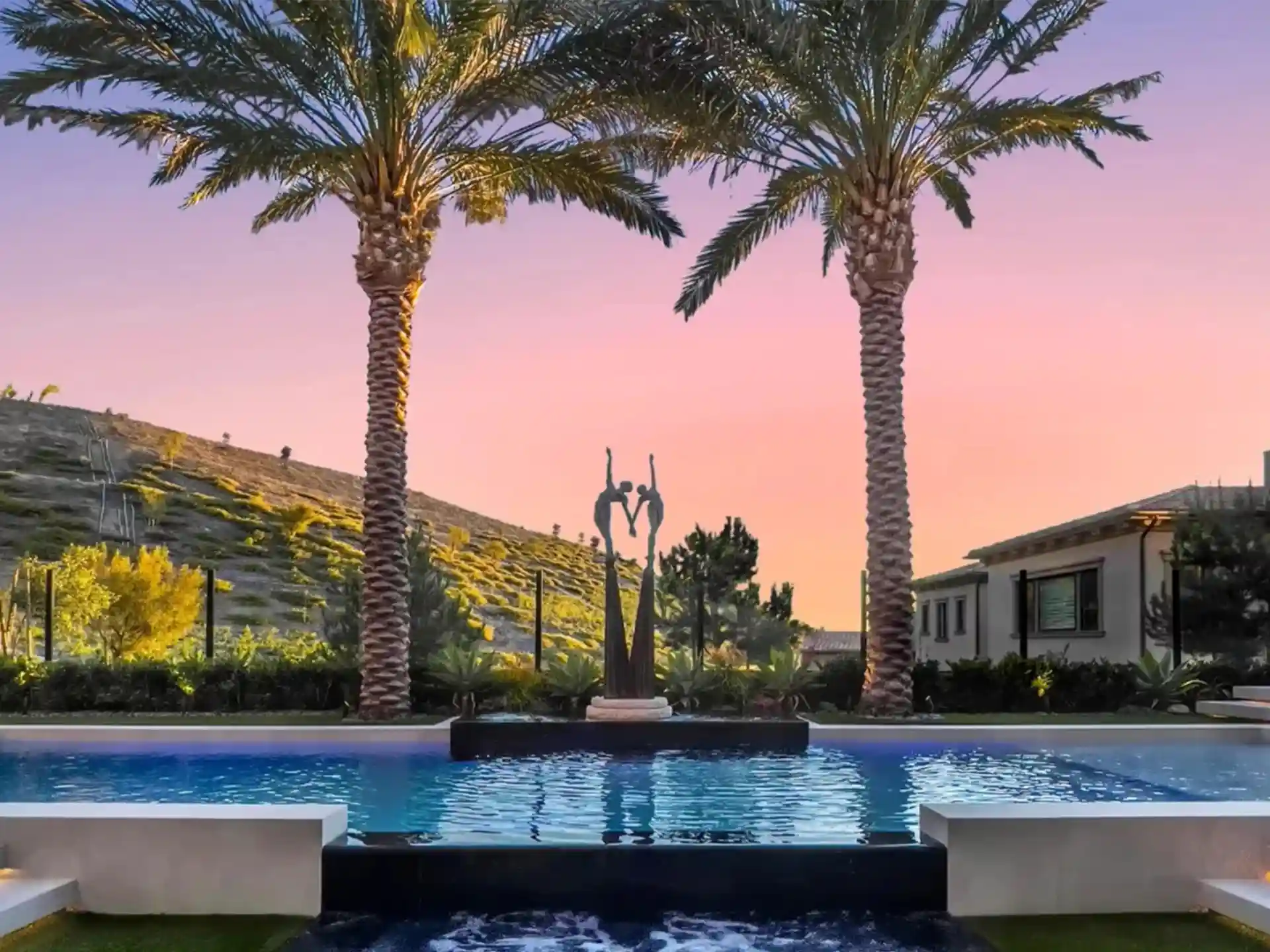 Infinity edge pool at sunset with two palms and a hillside view